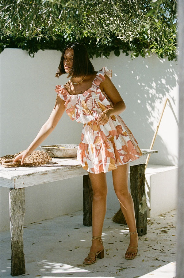 Exclusive Blush Floral Printed Linen Cotton Blend Mao Dress with Ruffles