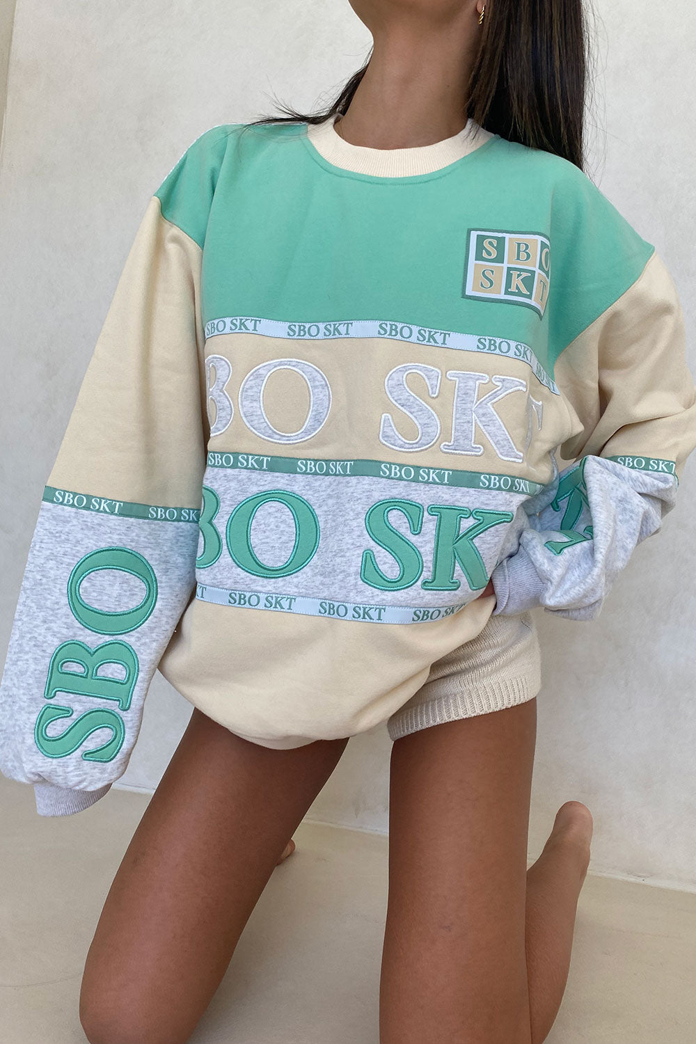 Soft Fleece Blend Janiero Oversized Sweater in Mint, Cream & Marl Grey