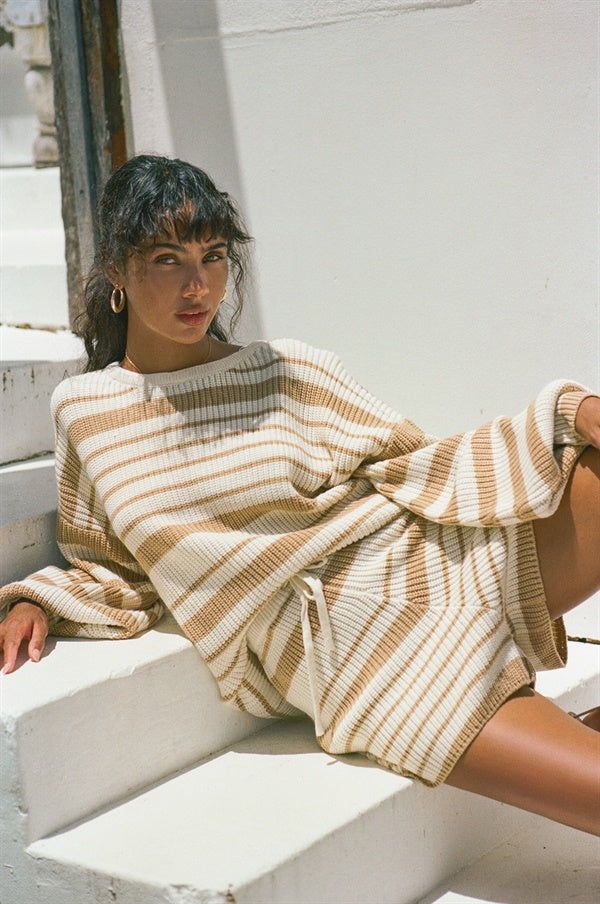 Cozy Cream Ribbed Mirai Knit Shorts with Tan Stripes