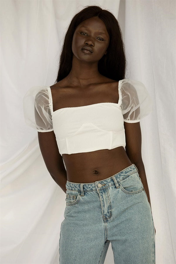 Exclusively Designed Off - White Cotton Jupiter Top with Boning and Sheer Puff Sleeves