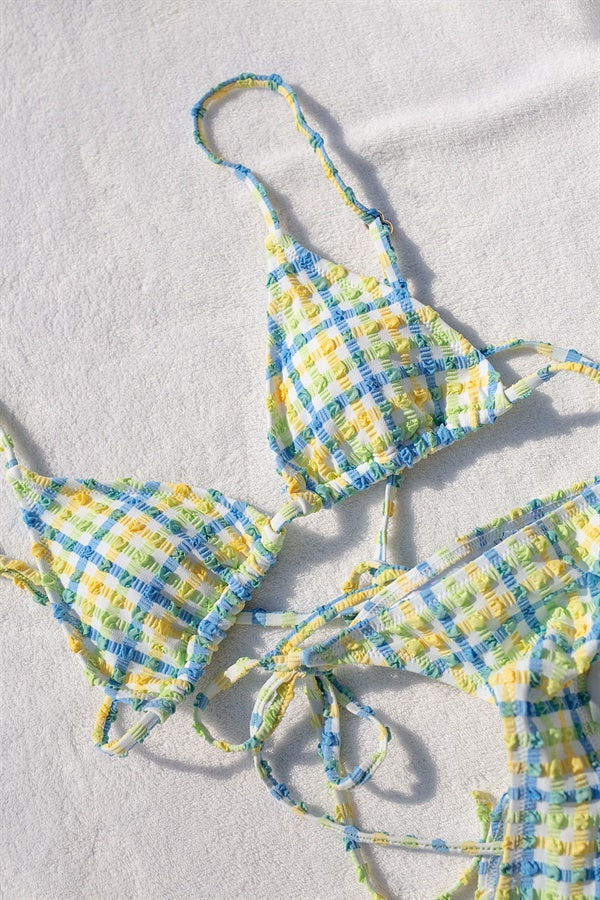 Sebastian Blue Tri Top with Textured Seersucker and Removable Padding