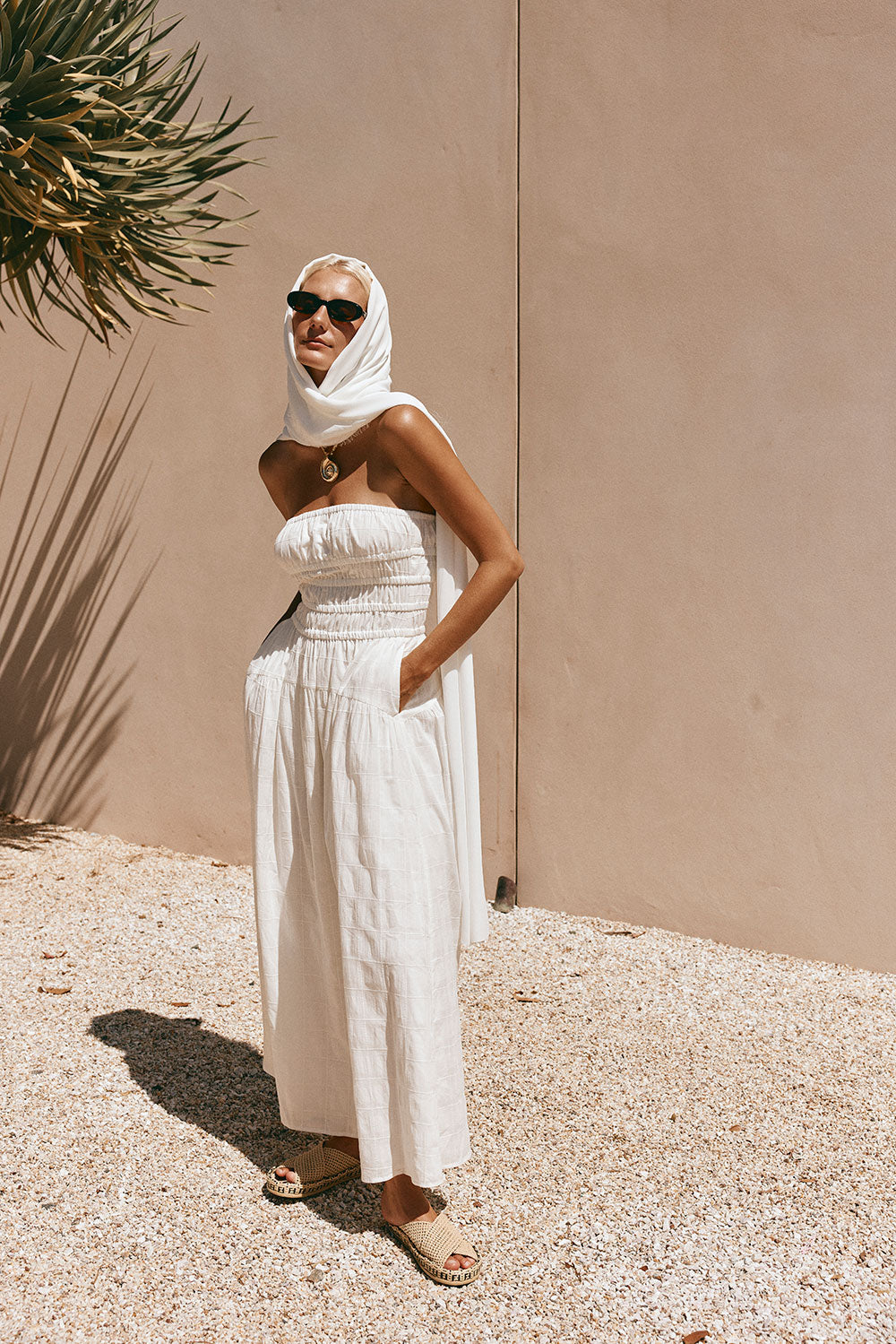 Elegant White Self - Check Cotton Strapless Delta Maxi Dress