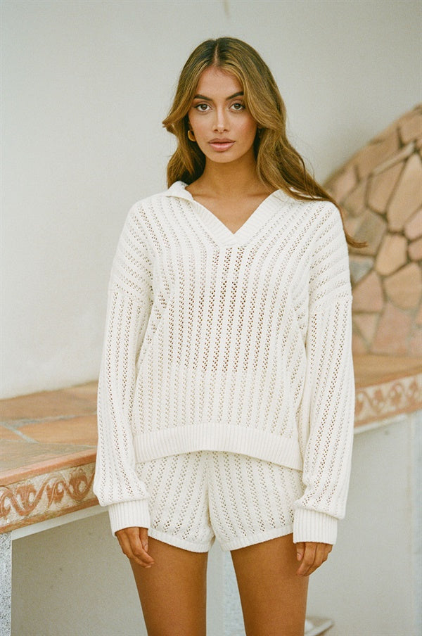 Luxurious Cream-Colored Soft Natural Lace Cotton Knit Sebby Lounge Top