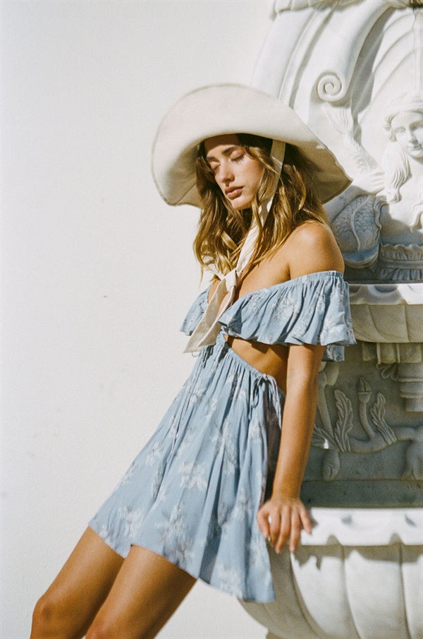 Stylish Blue Floral-Print Safiya Frill Dress with Unique Detailing