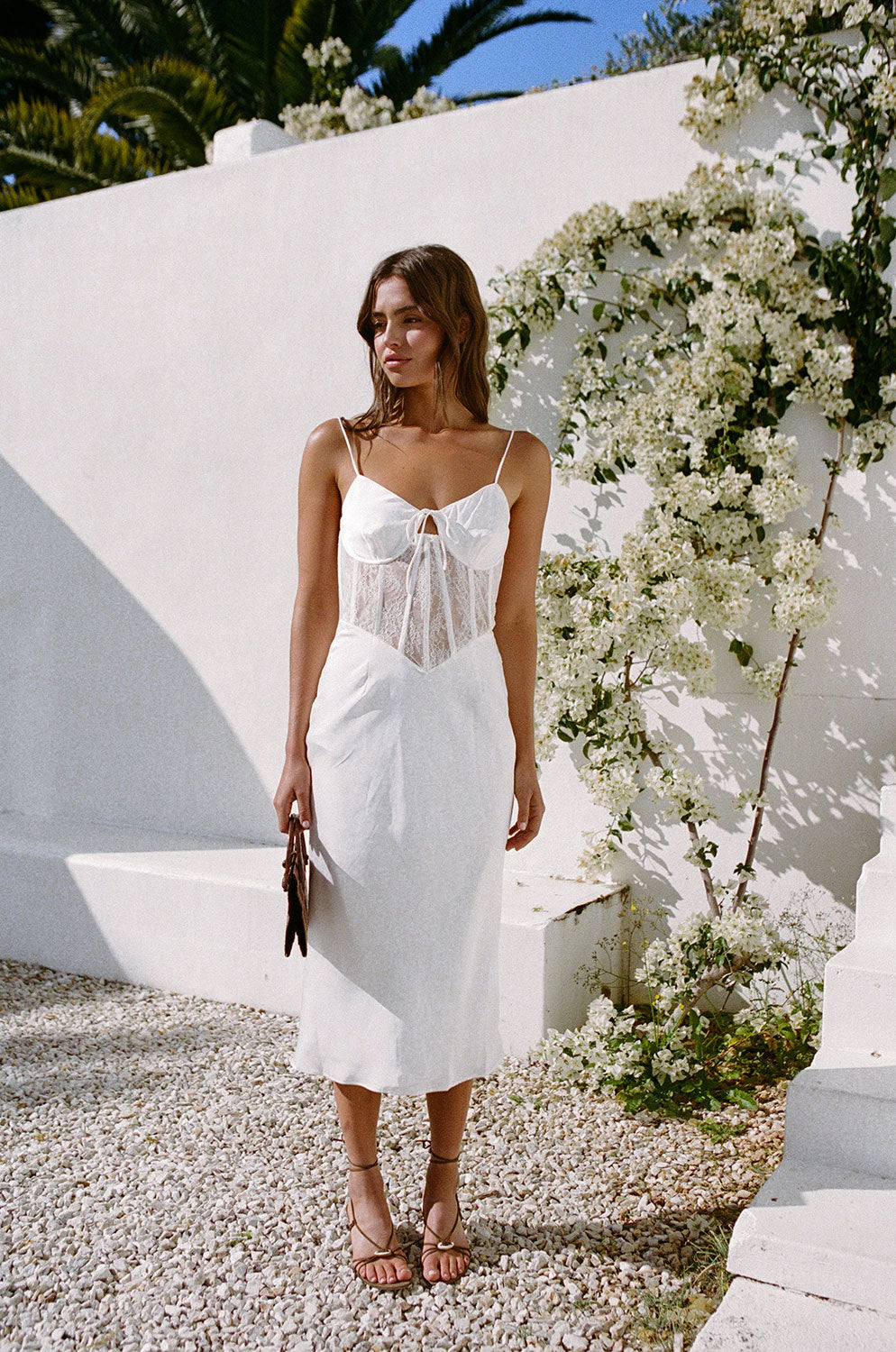 Exquisite Savanna Midi Dress with Rouleau Straps and Lace Details