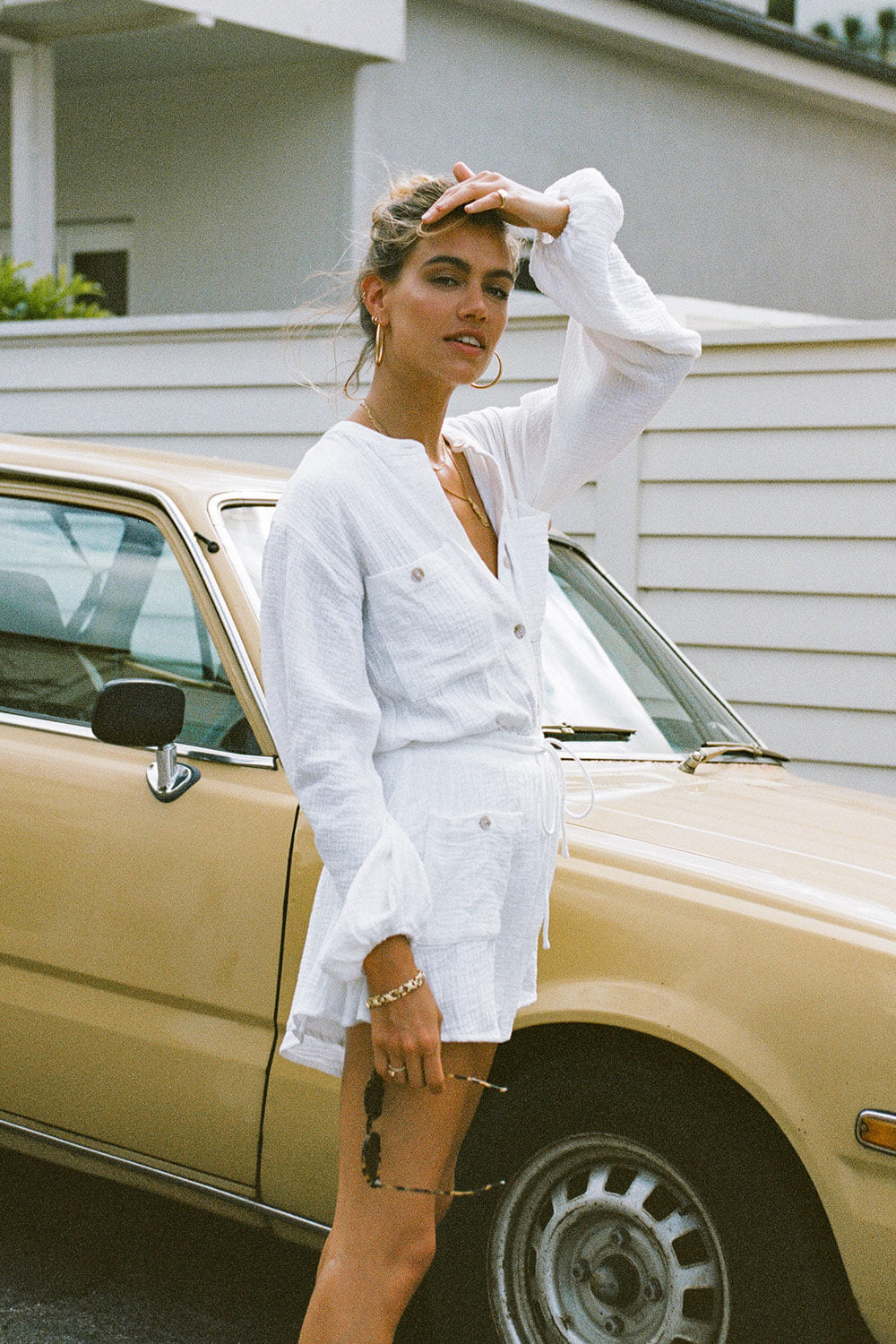 Estelle White Textured Cotton One - piece Playsuit for Easy Wear