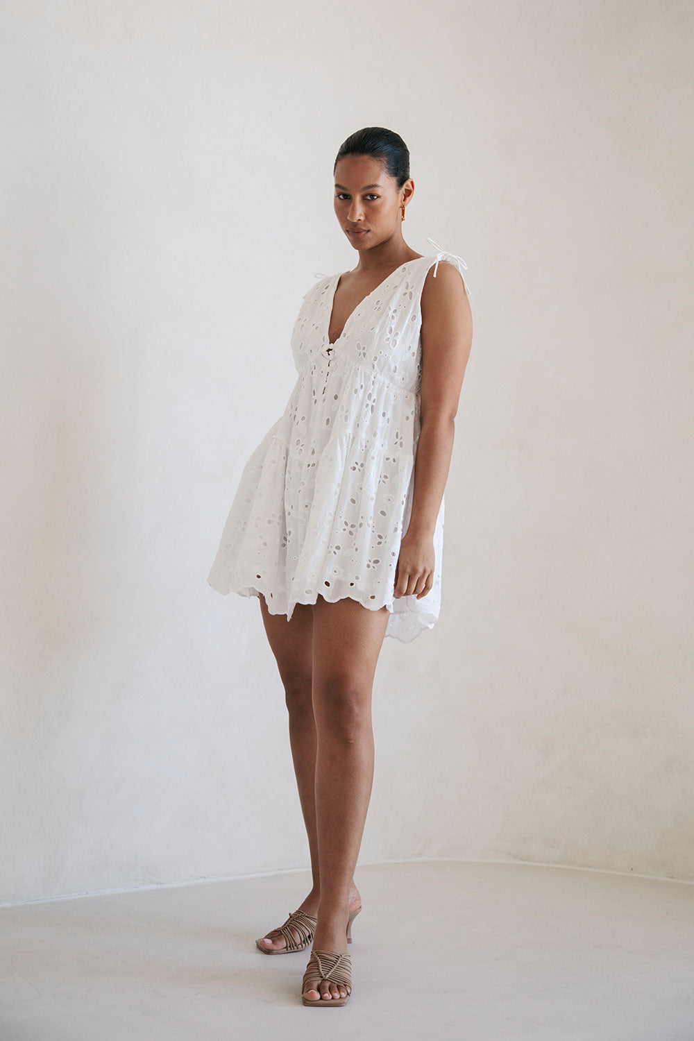 White Natural Cotton Bold Broderie Kai Relaxed Mini Dress