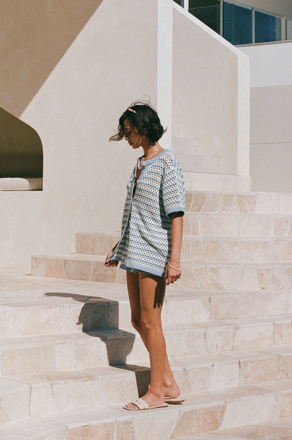 Blue Chantel Cotton Knit Shorts with Vintage Flair