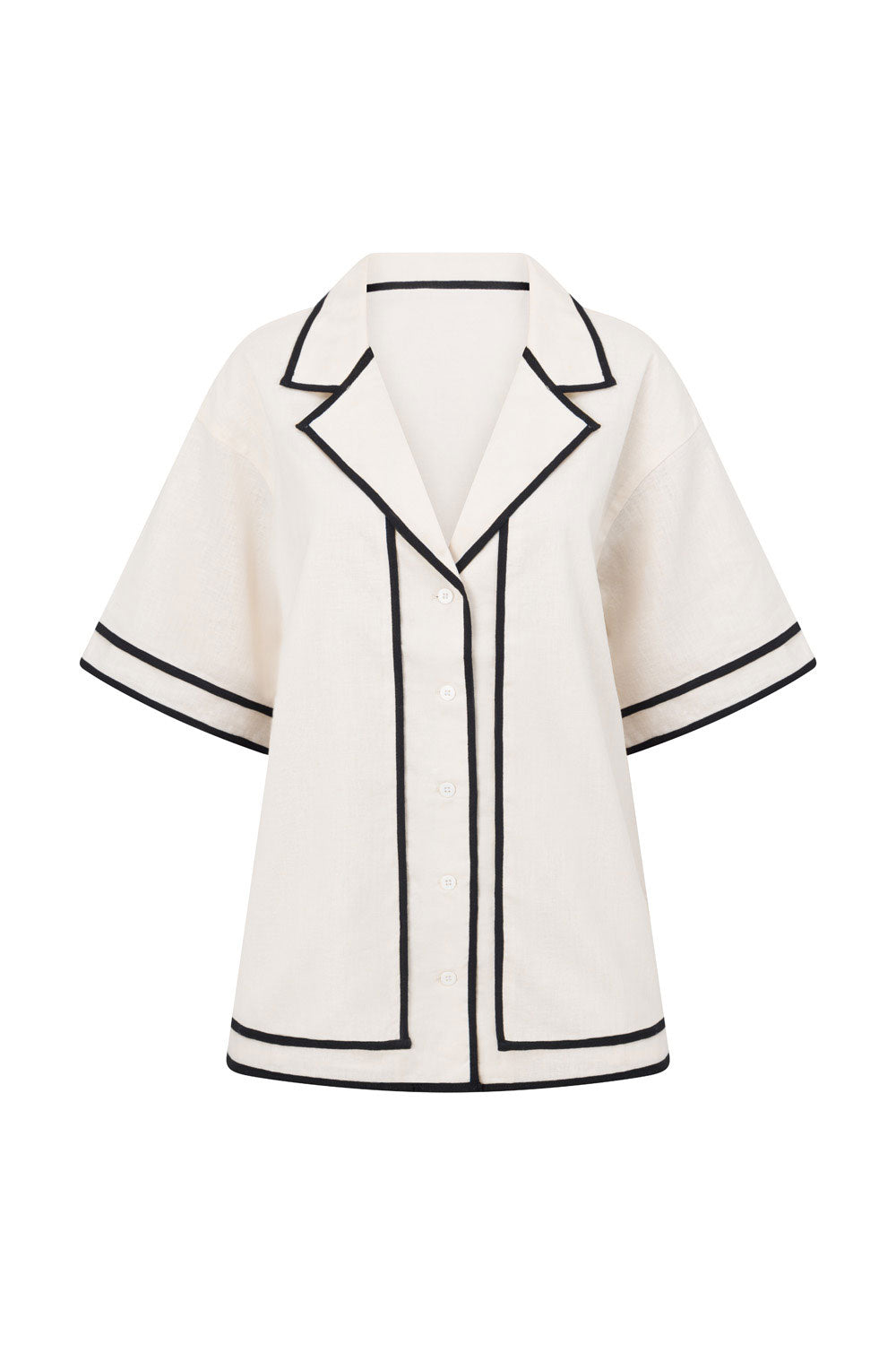 Elegant Cream Linen-Cotton Blend Lively Top with Black Bind Details