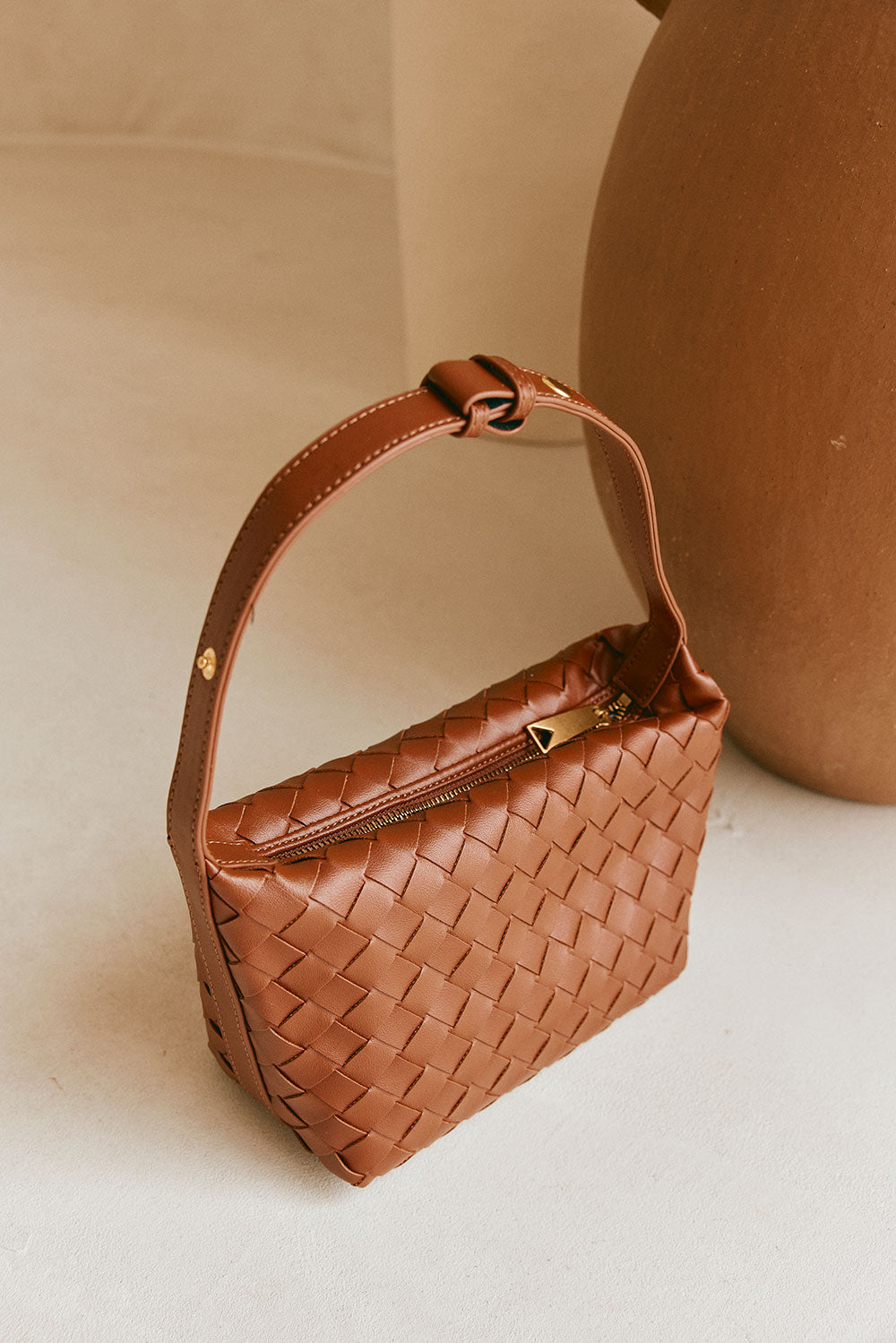 Stylish Tan Vegan Leather Milana Woven Shoulder Bag