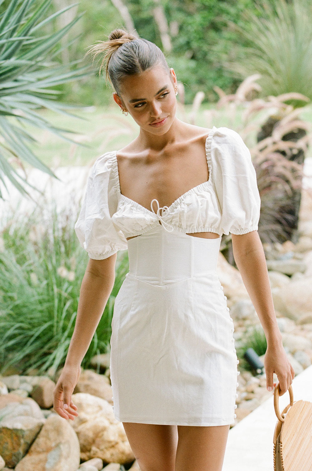 Charming Off - white Structured Linen Blend Tatiana Dress for Date Night