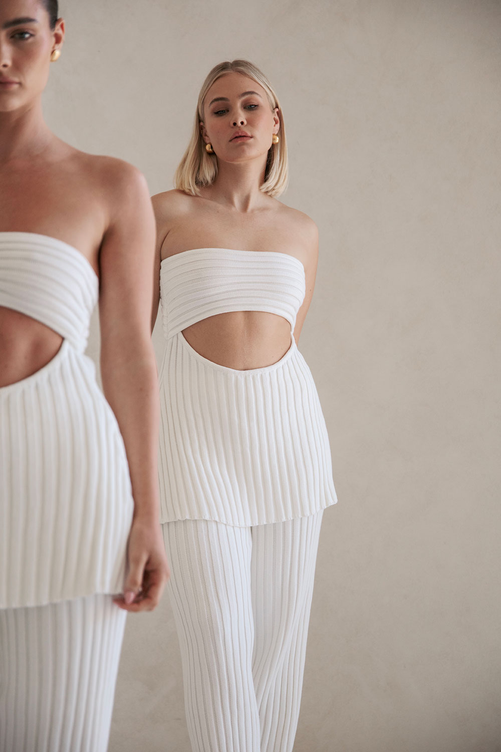 Sabo Exclusive White Structured Ribbed Knit High Waisted Elasticated Waist Stevie Pants