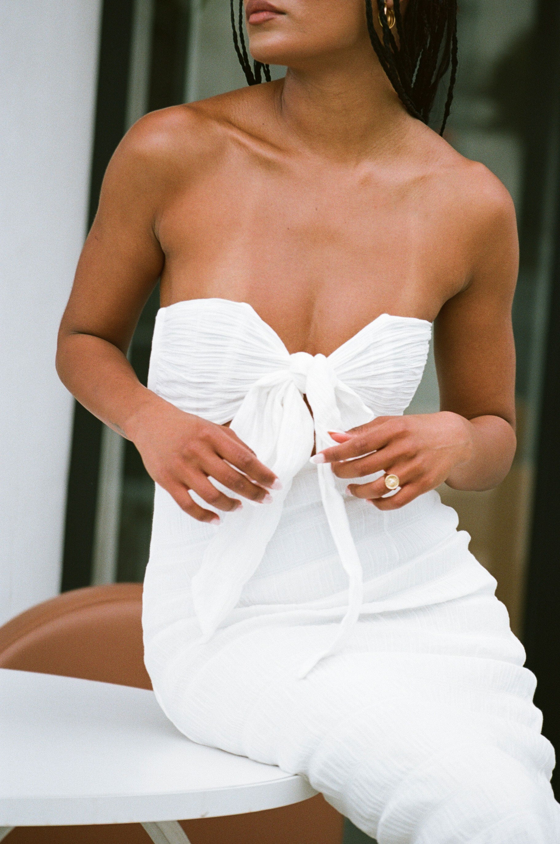 Elegant White Crepe Arlet Halter Dress for Bridal Showers