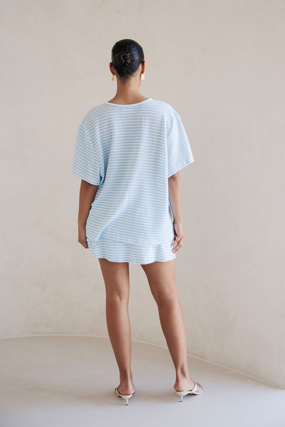 Sabo's Exclusively Designed Lightweight Knitted Baby Blue & White Striped Mini Wrap High-Waist Cassie Skirt