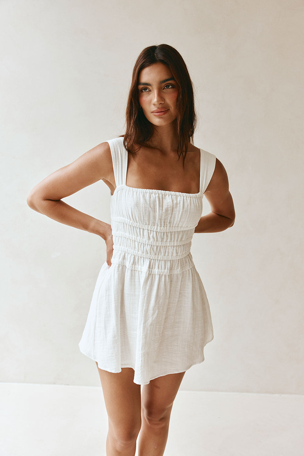 Exclusively Designed White Natural Cotton Slub Bessi Mini Dress