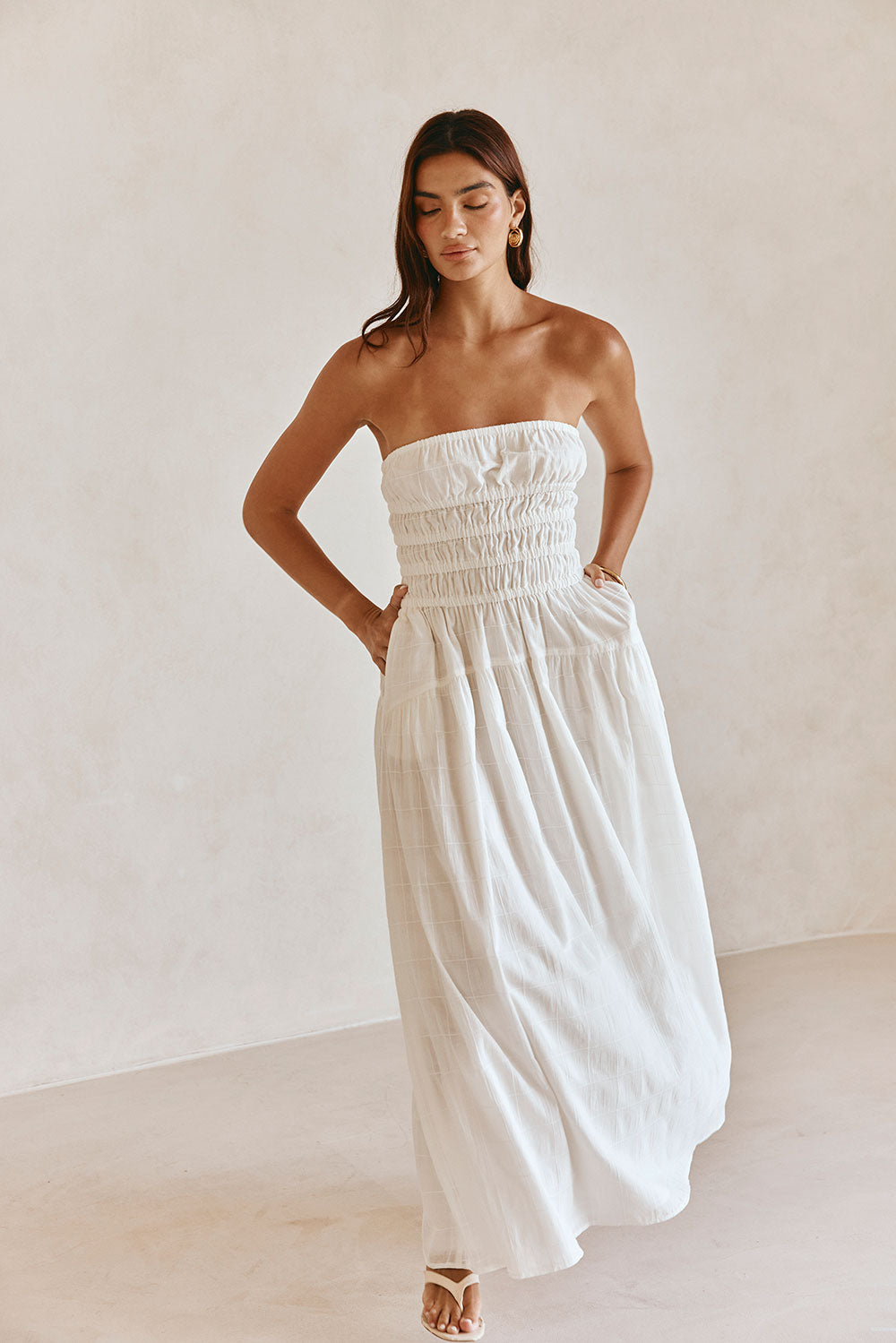 Elegant White Self - Check Cotton Strapless Delta Maxi Dress
