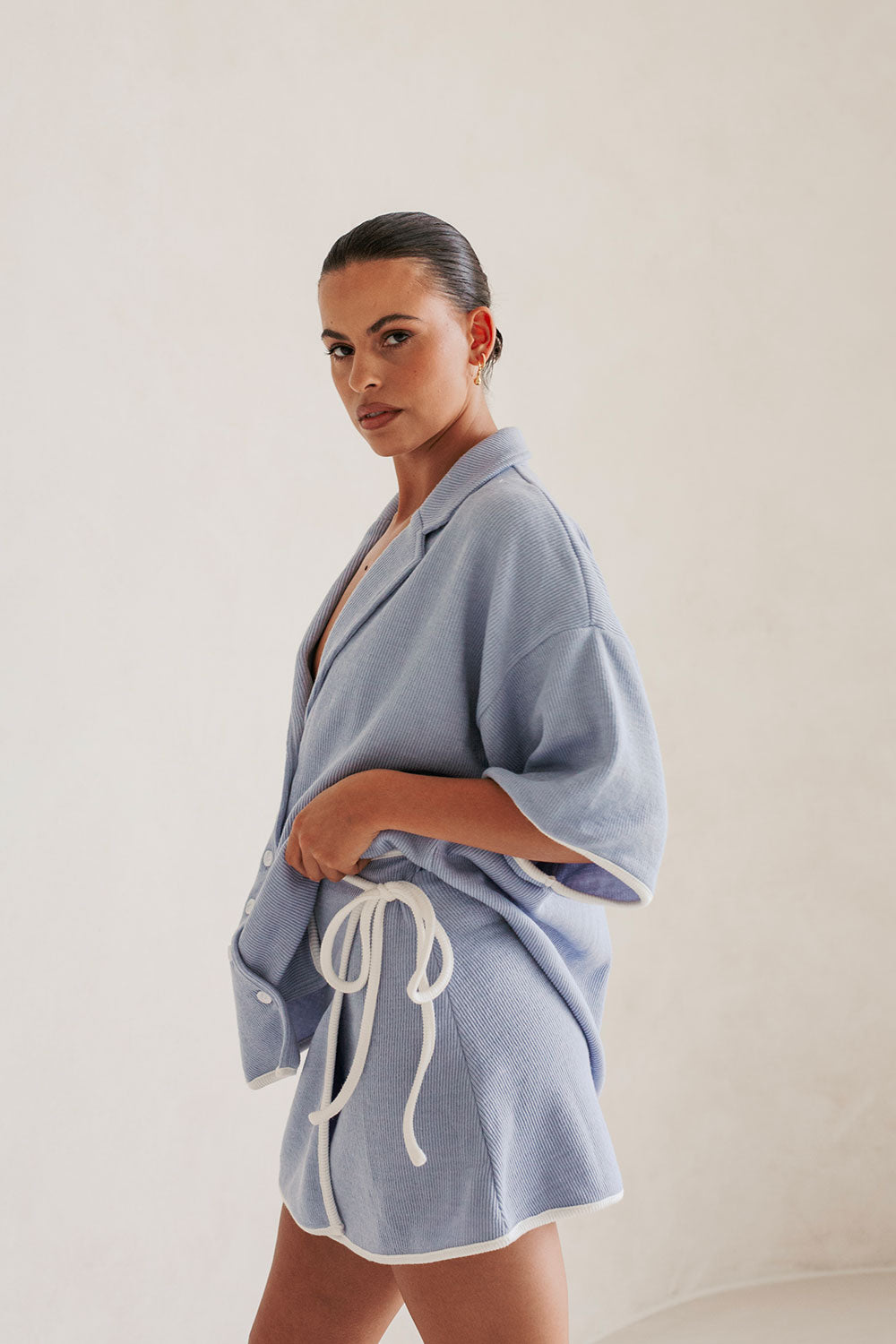 Stylish Blue Ribbed High - Waisted Wrap Nari Skirt by Sabo