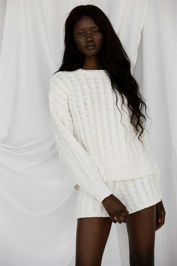 Vintage-Inspired Cream Meli Cotton Blend Knit Sweater for a Relaxed Look