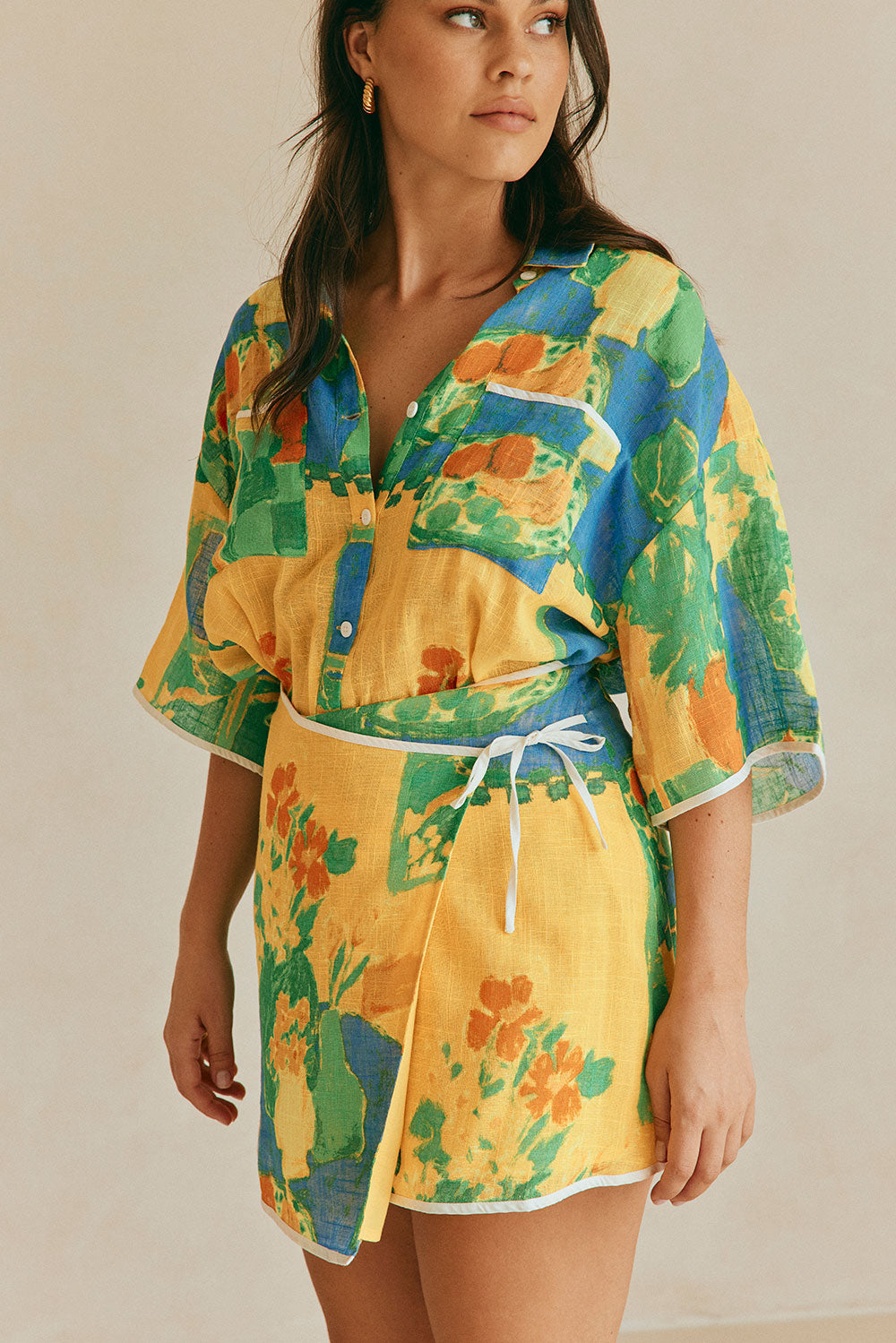 Exclusive Morning Yellow Cascade Wrap Skirt with Contrast Trim