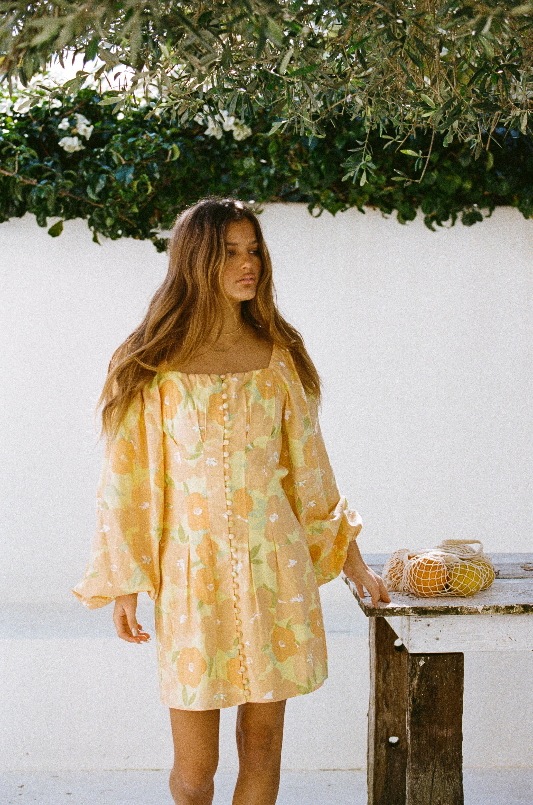 Exclusive Floral Citrus Print Backless Linen Cotton Blend Zhuri Dress