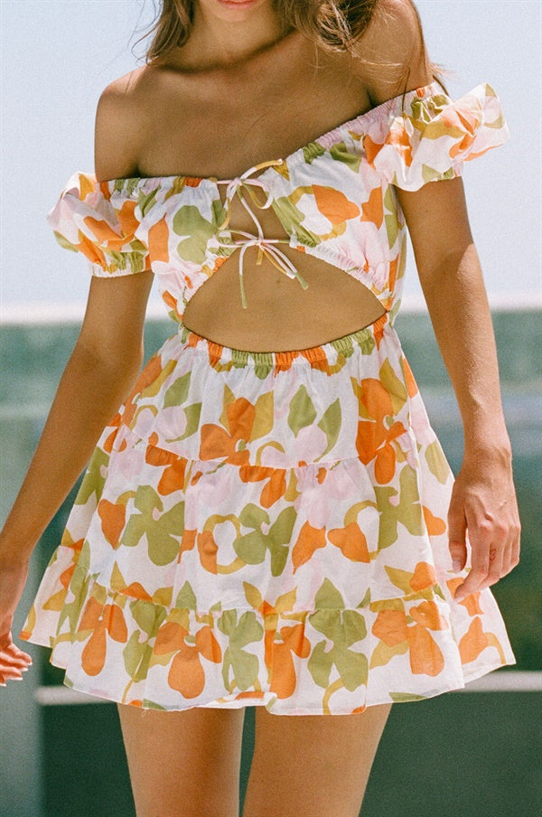 Exquisite Cherise Off - Shoulder Women's Cotton Dress with Hand - Painted Dusty Floral Print