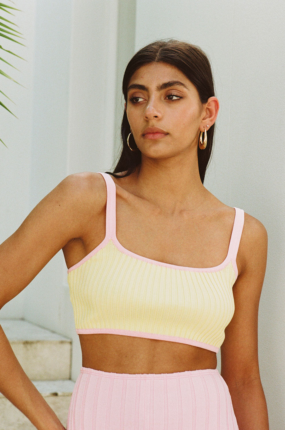 Jordi Women's Cropped Ribbed Yellow Top with Pink Bind Trims and Adjustable Straps