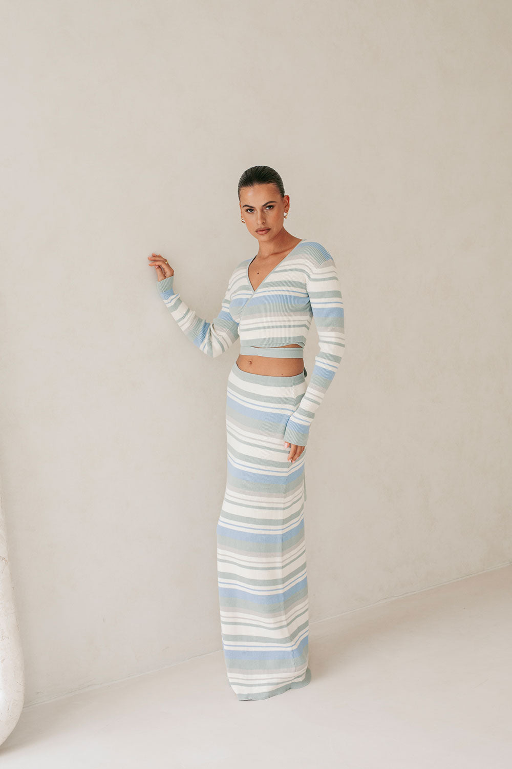 Women's Kaila Maxi Knit Skirt with Blue, Dusty Sage and White Stripes
