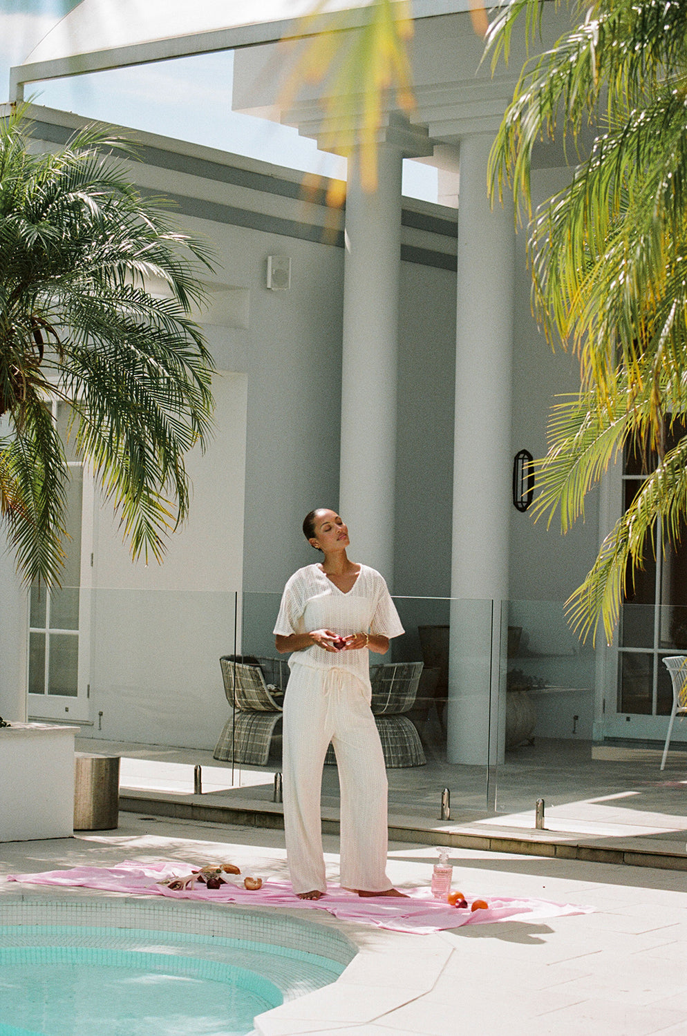 Luxurious Cream-hued Takito Woven Pants with Elasticated Waist