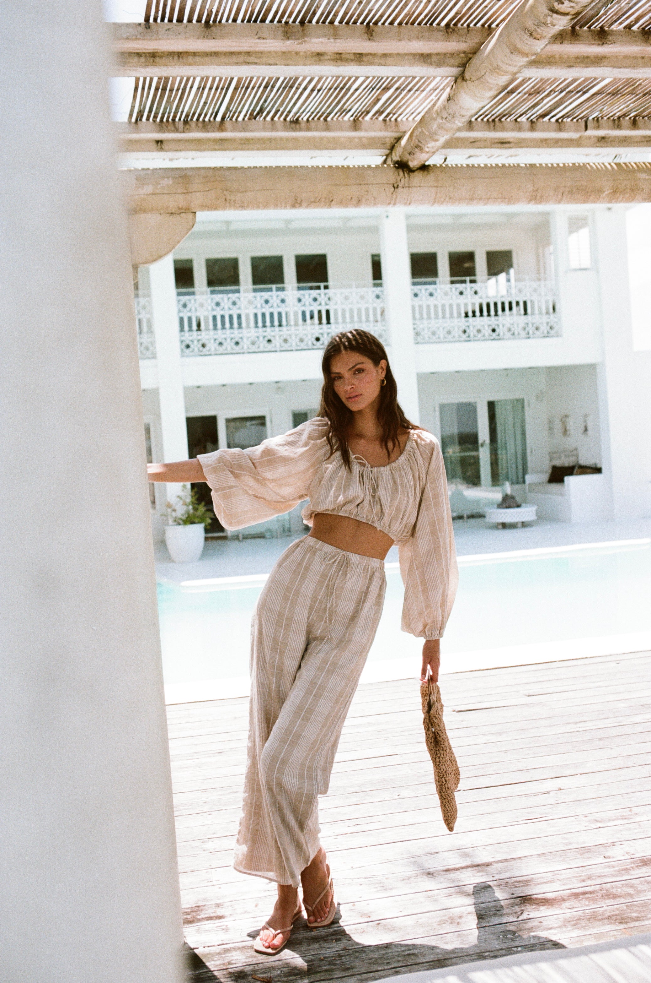 Sabo's Exclusively Designed Lightweight Tan White Plaid High Waisted Drawstring Wide Tashka Pants