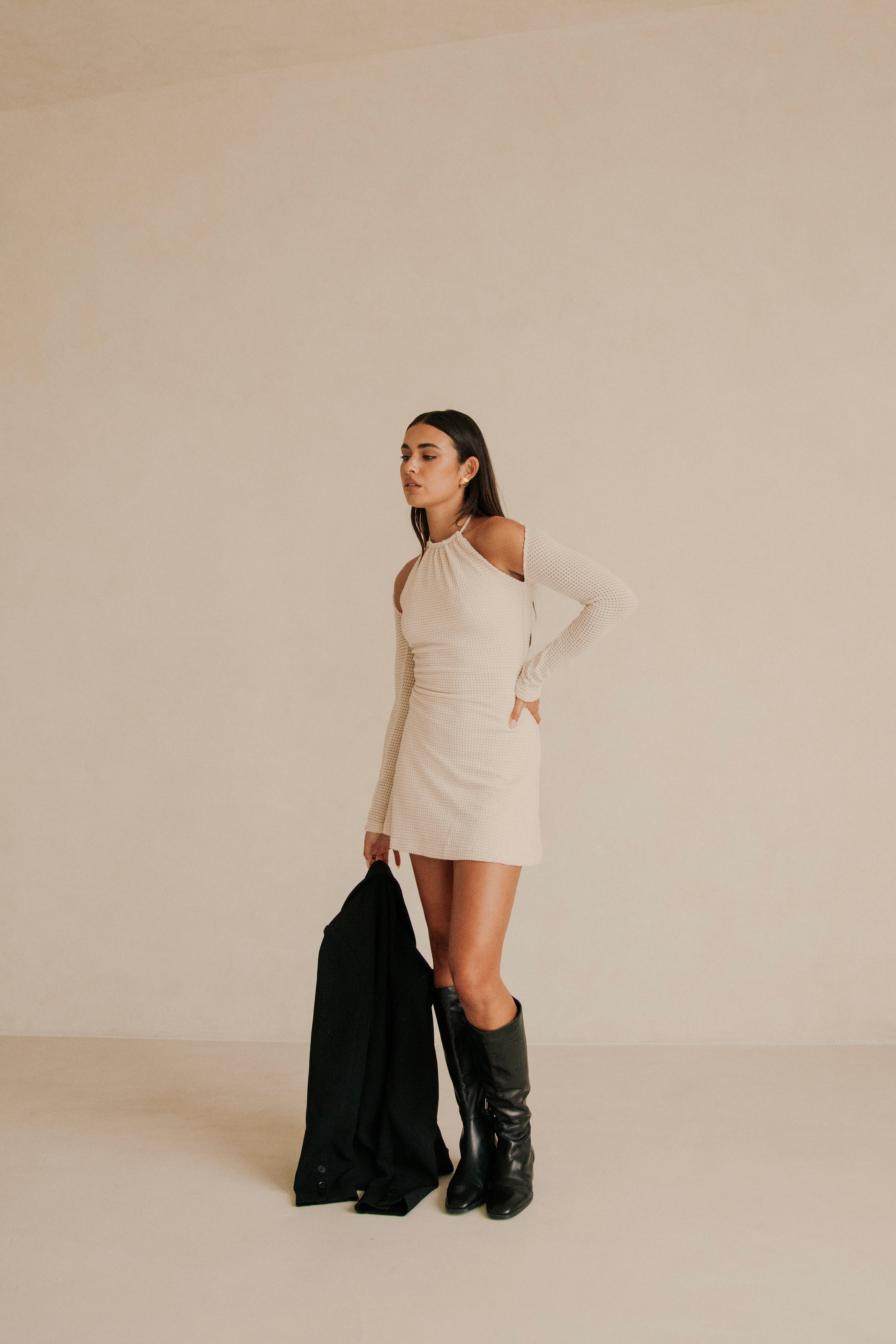 Beige Textured Waffle Fabric 90's Inspired Mahnee Flared Mini Dress