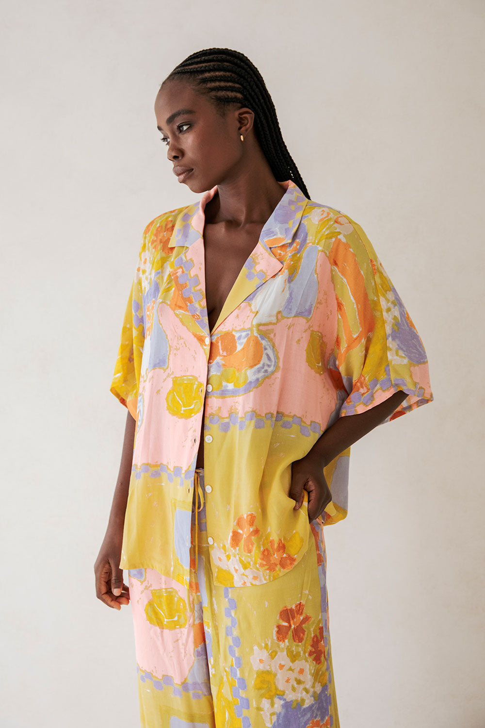 Morning Peach Print Relaxed Resort-Style Chey Top
