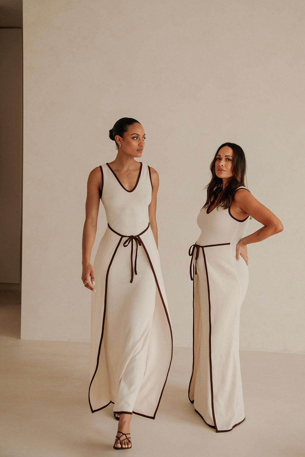 Elegant Creamy Beige Jazmin Maxi Dress with Brown Bind Details