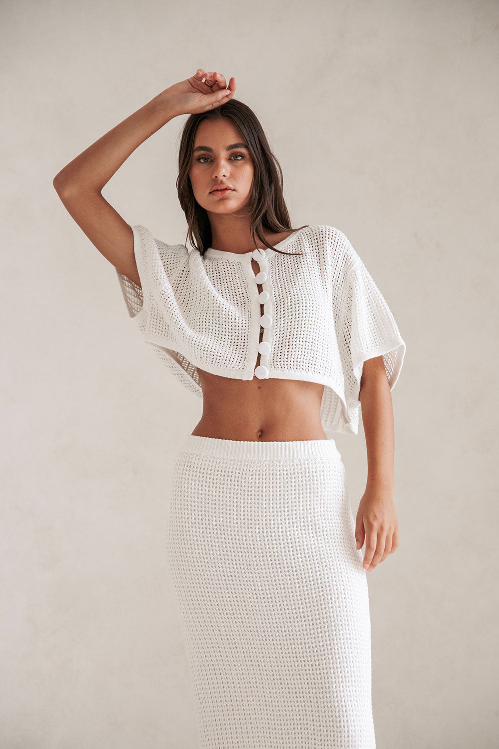 Exquisite Mekkah Crochet Cotton Knit Cream High - Waisted Full - Length Skirt