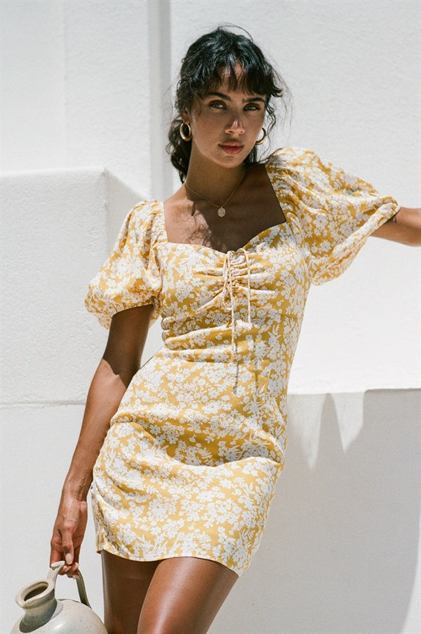 Tuscan-Inspired Women's Mustard Floral Print Tarryn Dress