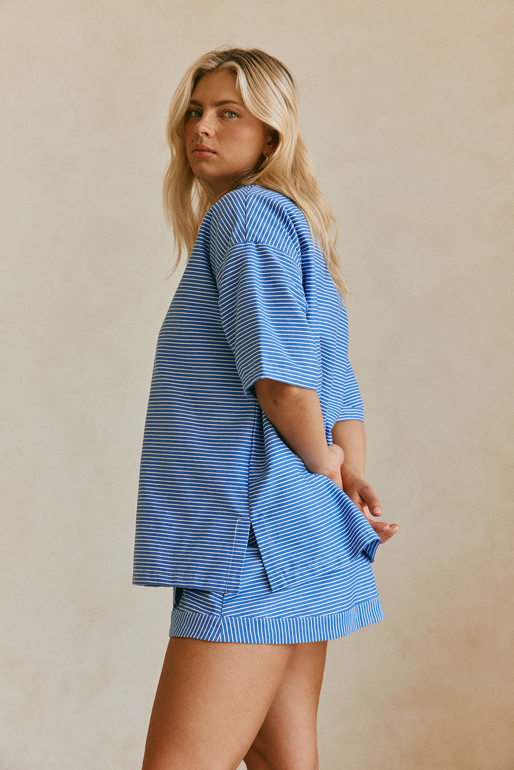 Blue and White Striped Alyssia Cotton Blend Structured Top