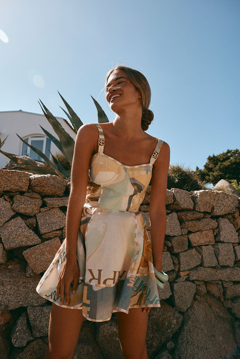Genova Linen Dress with Exclusive Fiorire Acqua Print and Gold Hardware