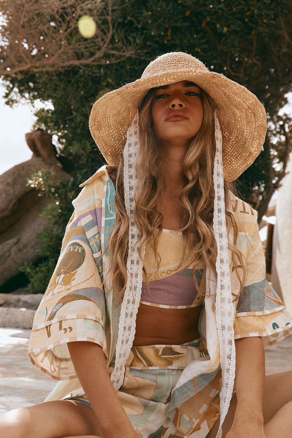 Portofino Linen Bandeau Top with Fiorire Acqua Print from Summer 2025 Collection