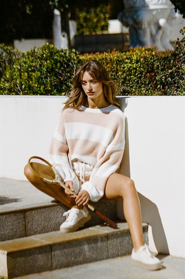 Maxxi Oversized Natural Cotton Knitted Top with Off White and Peach Stripes