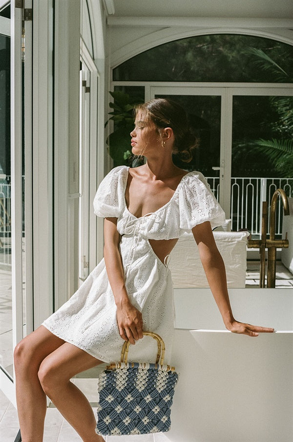 Exquisite Off-White Cotton Eyelet Azel Vacation Dress