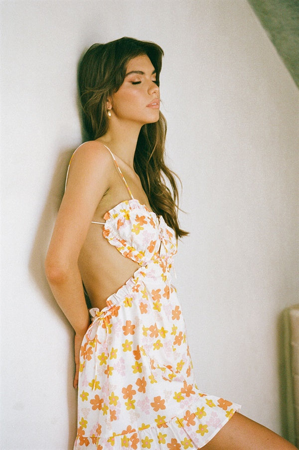 Exclusive Orange Daisy Print Backless Elina Cotton Voile Dress