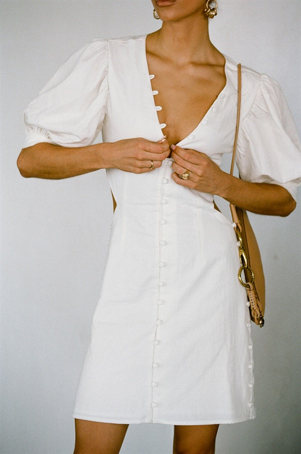 Exquisite Off-White Natural Cotton Louel Button Dress Inspired by Paris