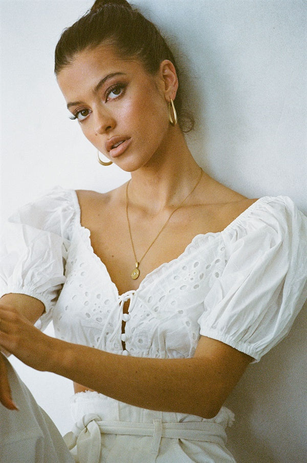 Exquisite White Natural Cotton Zelita Top with Unique Detailing