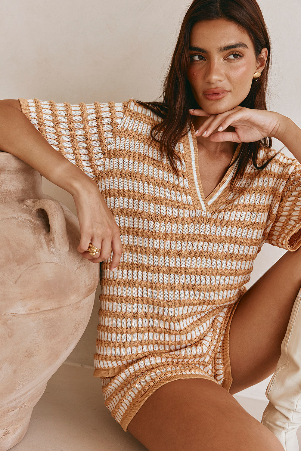 Sabo Exclusive Vintage-Inspired Dusty Orange and White Striped Knit Josie Women's Top