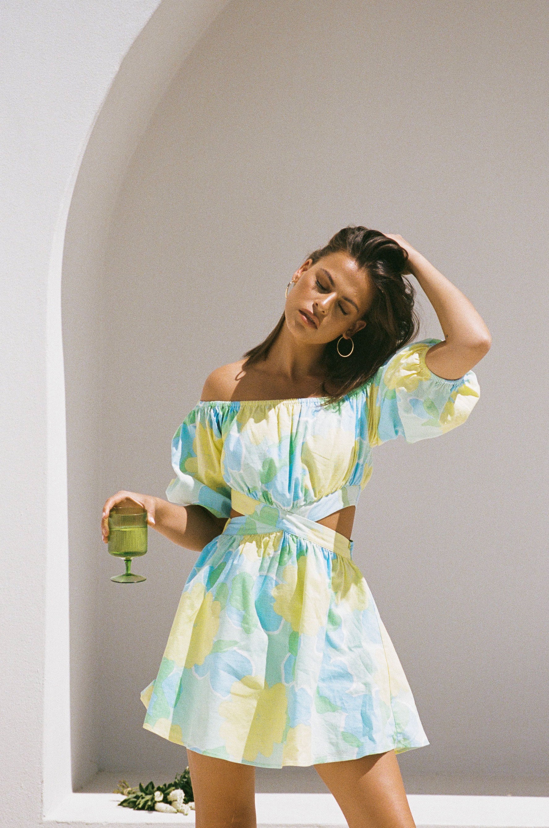 Stylish Blake Off - the - Shoulder Women's Dress with Flutter Green Print