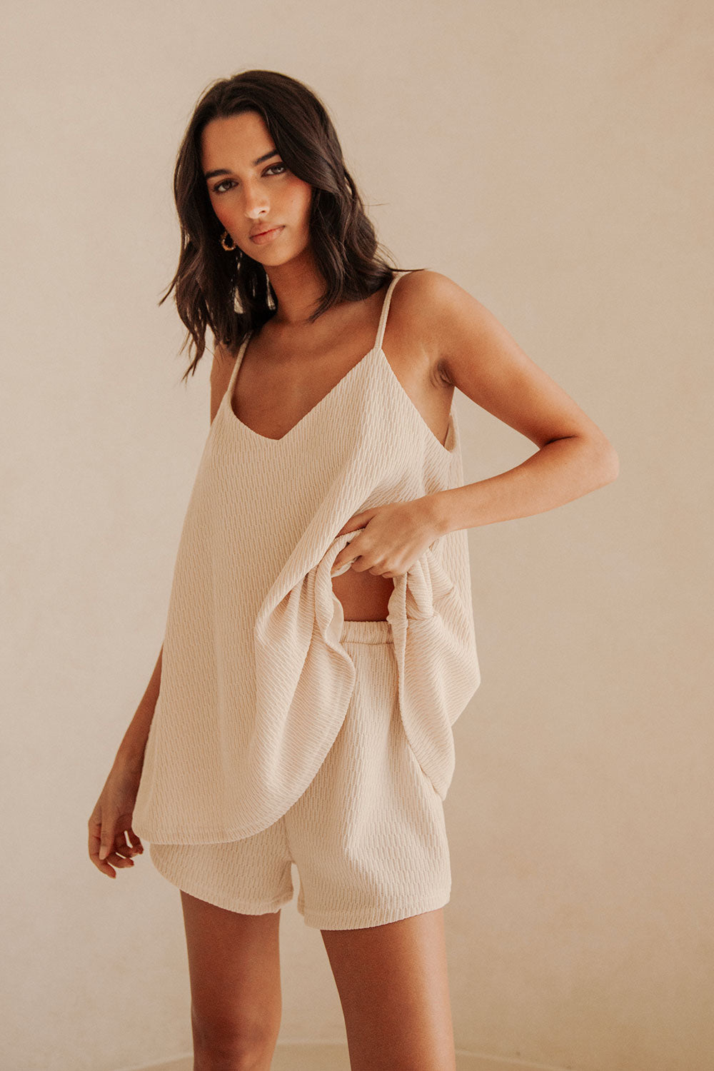 Sabo-Exclusive Sandy-Hued High-Waisted Elastic Drawstring Boston Shorts