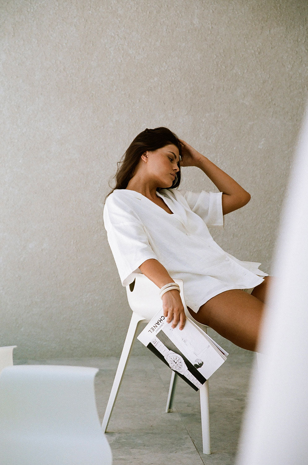 White Natural Linen Cotton Blend Relaxed Mallory Top with Drop Shoulders