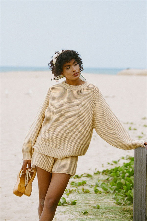 Sabo Exclusively Designed Tan Chunky Knit High-Waisted Noelle Shorts