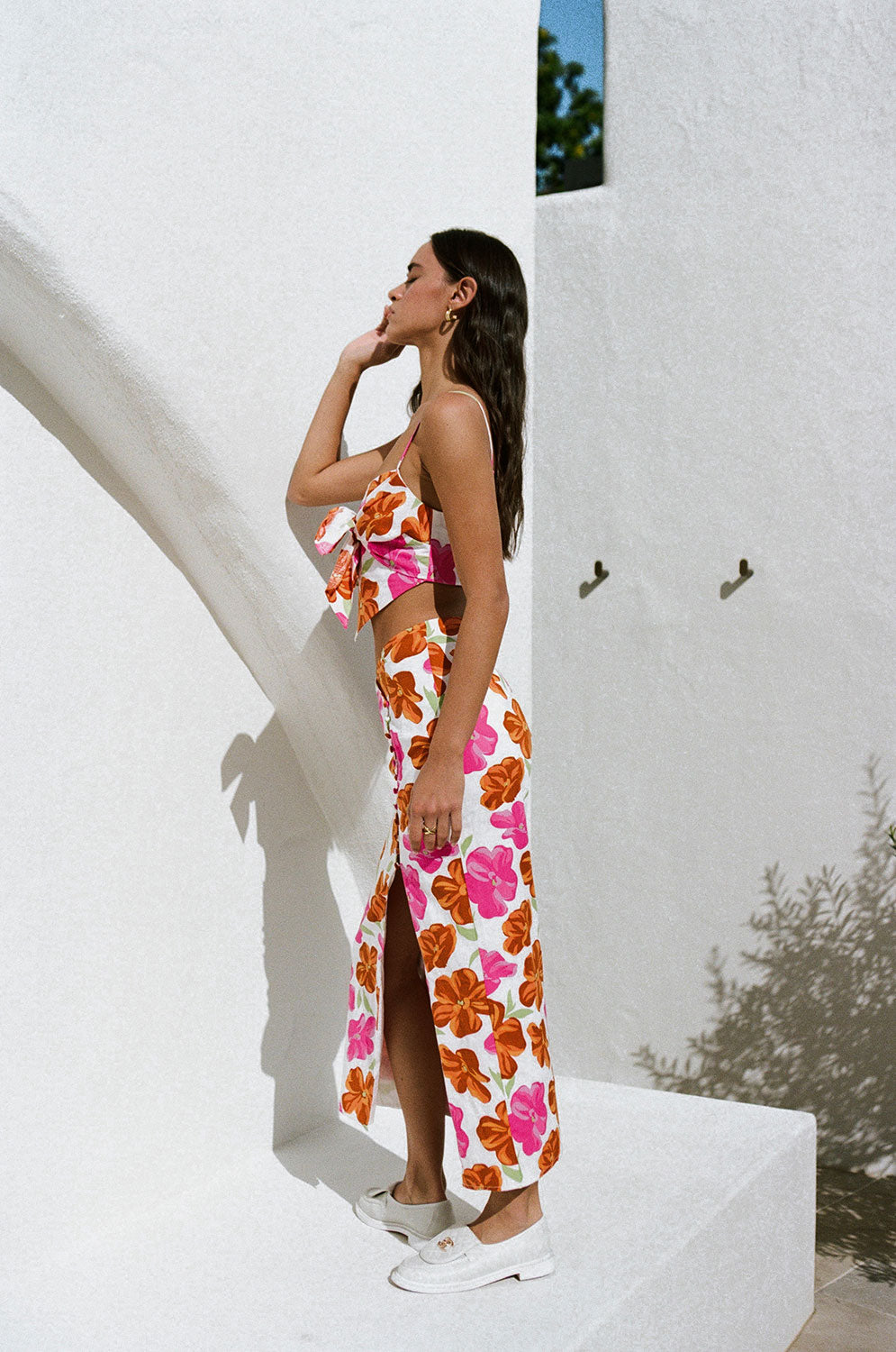 Exquisite Rosa Print High - Quality Cotton Luan Midi Skirt