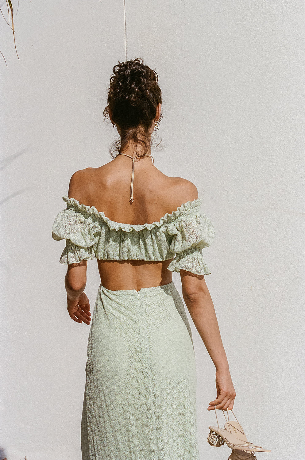 Mint Hue Soft Lace Off Shoulder Frill Detailing Midi Amelda Dress