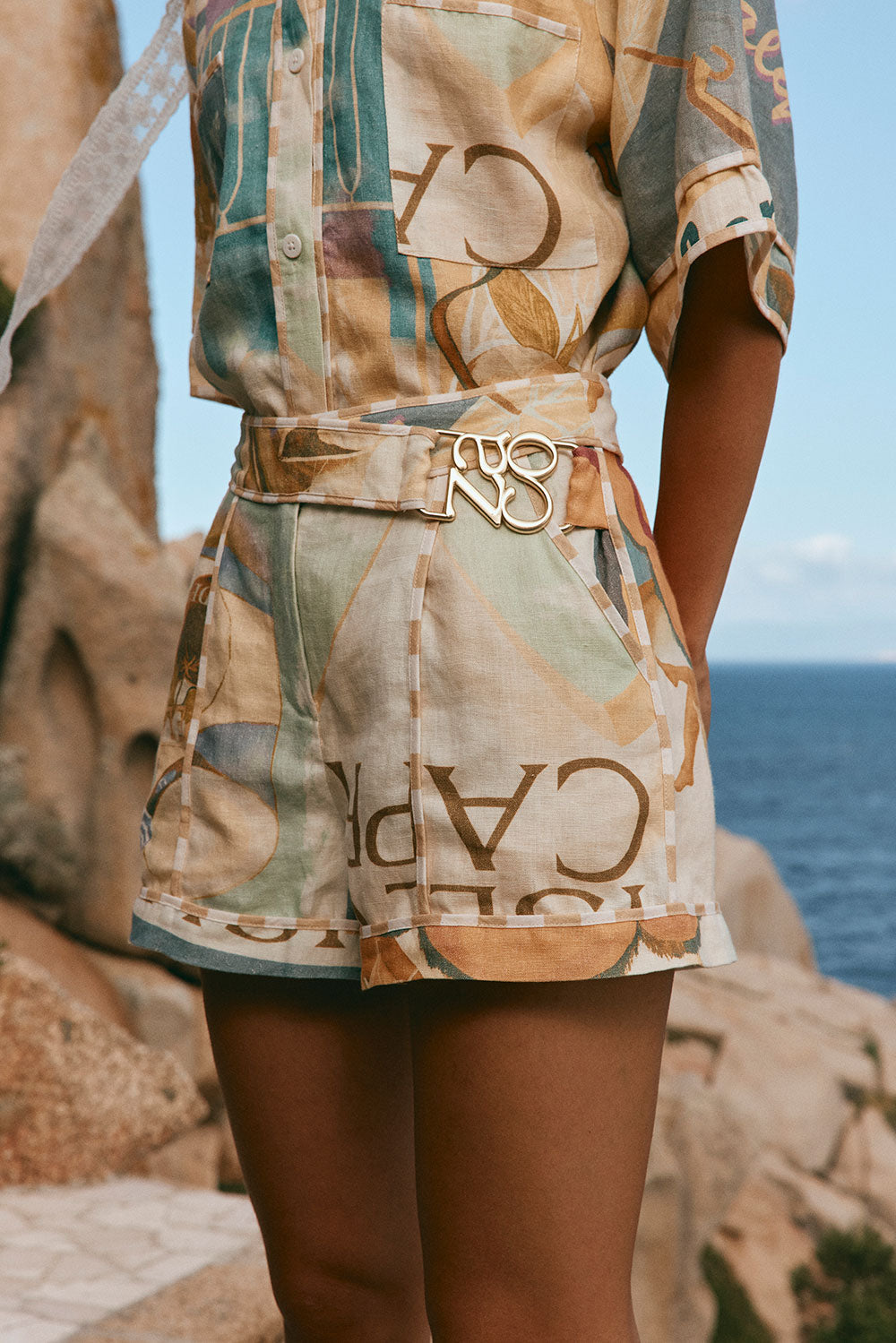 ZĀCO Exclusive Fiorire Acqua Printed Portofino Linen High - Waisted Summer Shorts